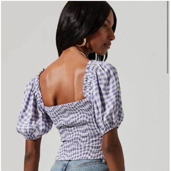 ASTR The Label Gingham Check Smocked Puff Sleeve Crop Top Sz XS - Picture 2 of 6